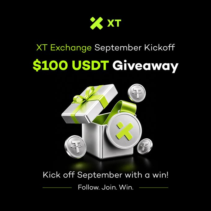 A promotional graphic for 'XT Exchange' announces a '$100 USDT Giveaway' for their 'September Kickoff', featuring a silver gift box overflowing with silver coins bearing the XT logo.