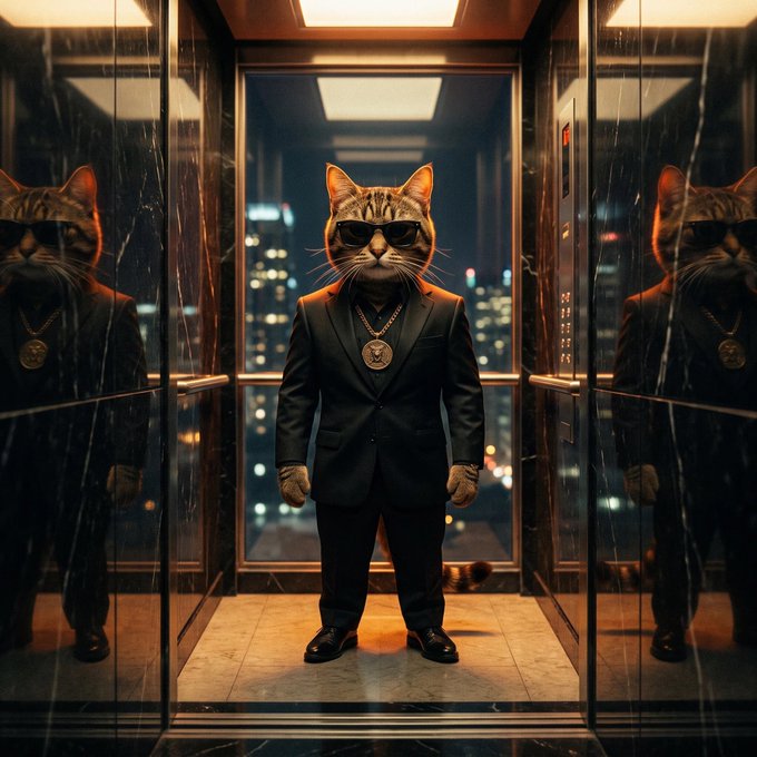 A digital illustration of a cat wearing sunglasses, a gold medallion, and a black suit, standing confidently in an elevator with mirrored walls reflecting a city skyline at night.