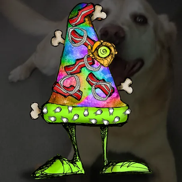 A colorful, surreal cartoon pizza slice character with eyes, bones, and legs stands in front of a blurred dog photo background, matching the artist's signature quirky style.