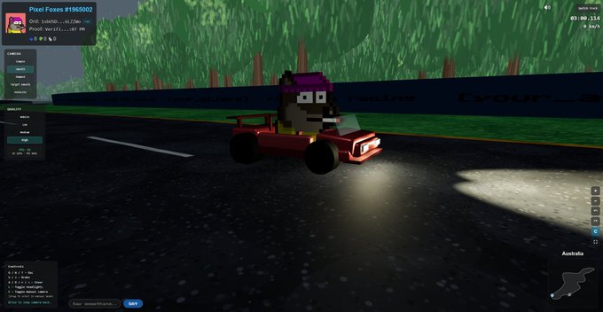 A screenshot of a Roblox game showing a blocky character with purple hair driving a red buggy on a road; the top-left interface reads 'Pixel Foxes #1965002'.