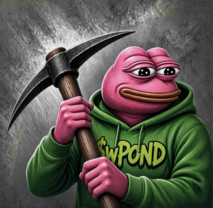 A 3D rendering depicts a pink Pepe the Frog character wearing a green hoodie with yellow text, holding a large wooden pickaxe against a textured gray background.
