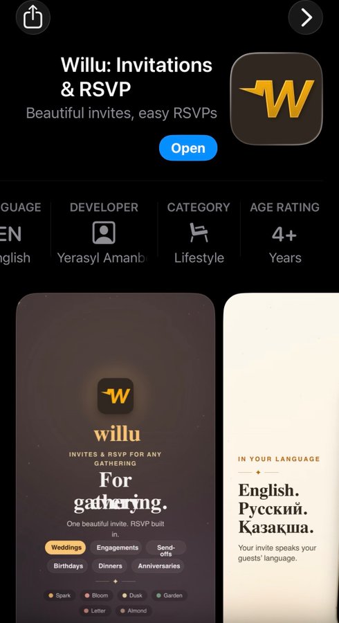 The image shows the App Store listing for "Willu: Invitations & RSVP" by developer Yerasyl Amanbek, categorized under Lifestyle with an age rating of 4+. The screenshots display the app's tagline "Beautiful invites, easy RSVPs" and features including multilingual support (English, Русский, Қазақша) and various gathering types like Weddings, Birthdays, and Dinners—celebrating the BNB Chain-backed app's milestone of launching on the App Store.