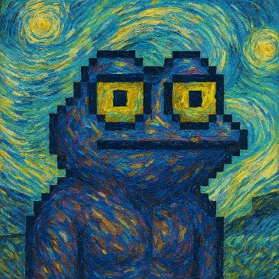 A pixel-art blue frog-like character with wide, startled yellow eyes is rendered against Van Gogh's "Starry Night" background, its alarmed expression humorously illustrating the meme's joke about an "altcoinist" being spooked by an even more bullish price target for the cryptocurrency $TIBBIR.