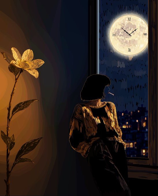 An illustrated scene of a woman smoking a cigarette while looking out a window at a full moon that resembles a clock face, with a glowing lily flower nearby.