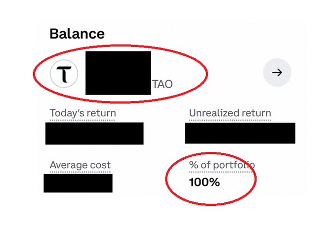 The image shows a portfolio balance screen displaying TAO holdings, with the "% of portfolio" circled at 100%, visually reinforcing the post's claim of an all-in TAO allocation for the anticipated deAI Revolution bull run.