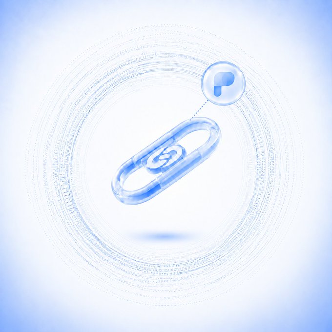 A digital 3D rendering displays a translucent blue link icon with a PayPal logo connected by a dotted line, set against a light blue background with circular data patterns.