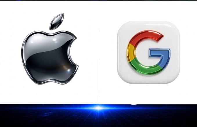 An image showing the chrome Apple logo on the left and the colorful Google 'G' icon on the right, separated by a glowing blue light on a dark grid background.