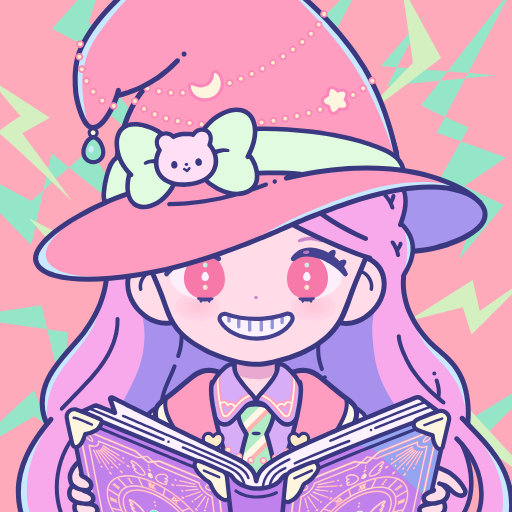 An anime-style digital illustration of a smiling pink-haired character wearing a large pink witch hat decorated with a green bow and bear face, reading a glowing book against a pink background with lightning bolts.