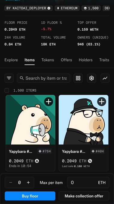 A screenshot of the Yapybara NFT collection on Ethereum, showing a floor price of 0.2049 ETH (down 5.7% in 1D), 24H volume of 0.84 ETH, and a top offer of 0.159 WETH, with 1,500 items displayed. The image supports the post's claim about the collection's price drop, visually confirming the current floor and top offer values that the author predicts will fall further toward 0.15 ETH.