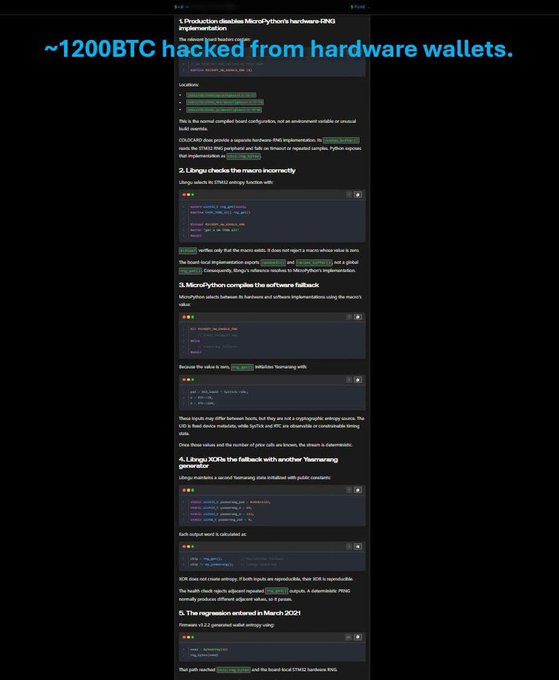 A social media post claiming that approximately 1200 BTC were stolen from hardware wallets due to a vulnerability in the Libbitcoin Random Number Generation (RNG) implementation, with sections explaining the production disable, library checks, MacroPython fallback, and ICOs.