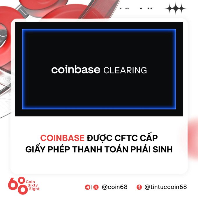A social media graphic from Coin68 announces 'COINBASE ĐƯỢC CFTC CẤP GIẤY PHÉP THANH TOÁN PHÁI SINH' (Coinbase granted derivatives clearing license by CFTC) with a Coinbase Clearing logo.