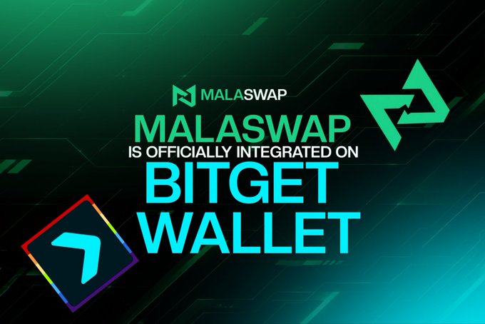 A promotional graphic announcing 'MALASWAP IS OFFICIALLY INTEGRATED ON BITGET WALLET' in green and cyan typography.