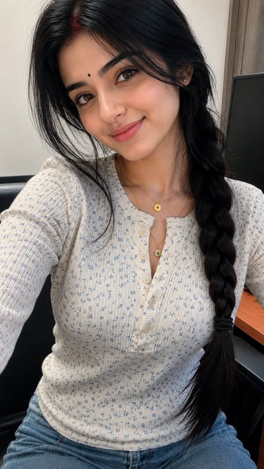 A young woman with long dark braided hair, wearing a small bindi and a delicate floral henley top, smiles warmly at the camera in a candid selfie that captures a peaceful, carefree morning moment—visually echoing the post's nostalgic hope for simple, joyful times shared with friends before life's responsibilities take over.