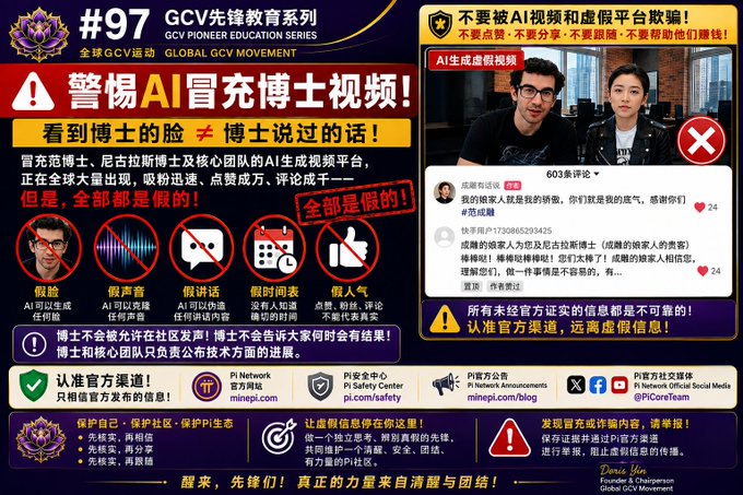 A warning infographic in Chinese about AI-generated fake videos impersonating Pi Network's core team, featuring the text 'GCV先锋教育系列' and '警惕AI冒充博士视频！'.