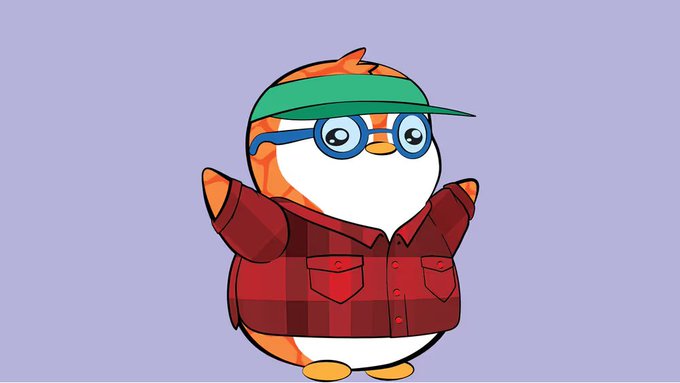 A cheerful cartoon penguin wearing a green visor, blue glasses, and a red plaid jacket stands with arms raised in a welcoming pose. The character relates to the post as it appears to represent the "Lil Pudgy" NFT mentioned, symbolizing the user's excitement about joining the Pudgy Penguins community.
