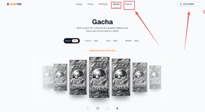 A screenshot of a website interface titled 'Gacha' from 'GIWATER', showing 'Mythic' and 'Common' card packs, with red arrows and boxes pointing to 'Gacha' and 'Faucet' menu items and a '$BTCGRIA' balance.