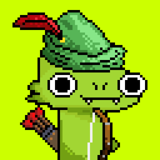 A pixel art character featuring a green dinosaur-like head with a red feather and fangs, holding a bow and arrows with arrows on its back.