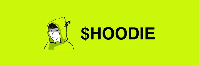 A neon green graphic featuring an anime-style character in a hoodie next to bold black text reading "$HOODIE."