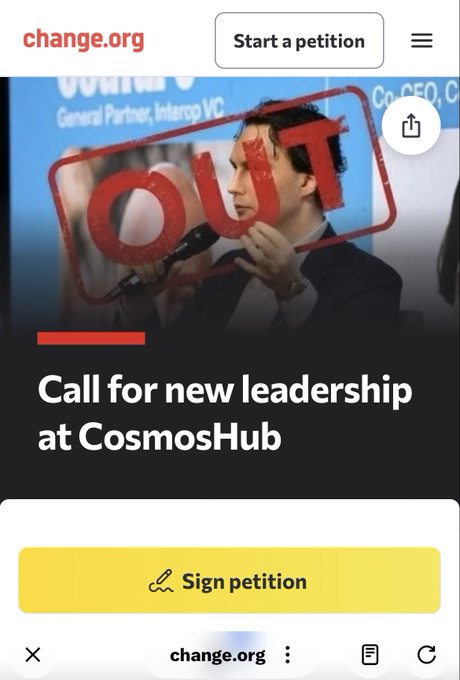 A screenshot of a Change.org petition page titled "Call for new leadership at CosmosHub" featuring a man speaking into a microphone with a red "OUST" stamp overlaid.