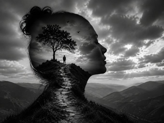 A silhouette of a woman gazes upward at a dramatic cloudy sky, with a smaller figure walking along a path toward a lone tree within the contour of her head, evoking introspection and inner journey—aligning with the post's theme "The Path Within."