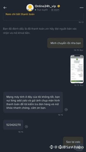 A Vietnamese Telegram chat screenshot with 'Online24h_vip' showing a scam where someone claims to have helped add Zalo to contacts, with a phone number visible.