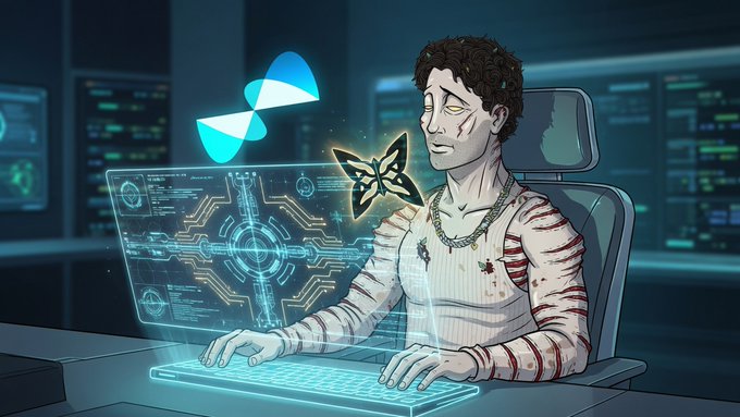 A digital illustration of a zombie-like character with bandaged arms typing on a glowing holographic keyboard, accompanied by logos and a butterfly icon, in a futuristic setting.