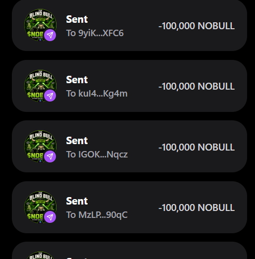 A series of transaction notifications showing -100,000 NOBULL tokens sent to multiple Solana wallet addresses (9yiK...XFC6, kul4...Kg4m, IGOK...Nqcz, and MzLP...90qC), illustrating the distribution of the $NOBULL airdrop claimed through the follow, like, and retweet instructions.