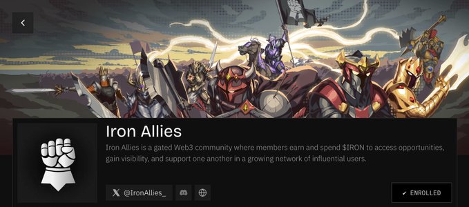 The image displays a community profile card for "Iron Allies," featuring a heroic illustration of armored knight figures, with an "ENROLLED" button visible and the @IronAllies_ Twitter handle shown. This relates to the post by promoting the Iron Lords NFT mint campaign on Nucleus, highlighting the gated Web3 community where members use $IRON to participate in leaderboards like the Reputation Leaderboard.
