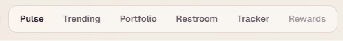 A simple navigation menu bar with text options: 'Pulse', 'Trending', 'Portfolio', 'Restroom', 'Tracker', and 'Rewards'.