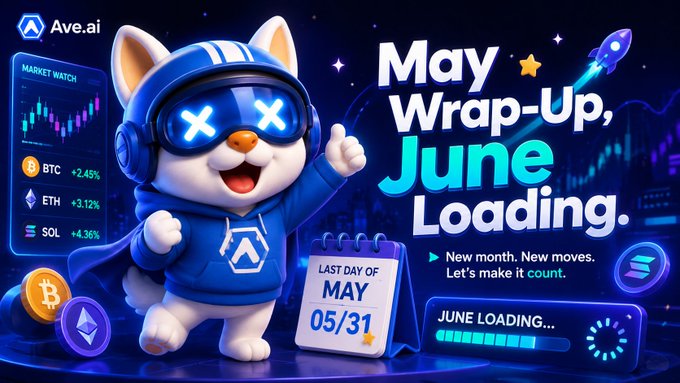 The image features a cartoon cat wearing a blue shirt with "AVE AI" written on it, standing next to a calendar that says "May is over but crypto definitely isn't slowing down". The cat appears to be holding a sign that reads "May is over... but crypto definitely isn't slowing down", and there are several other elements in the image related to cryptocurrency.