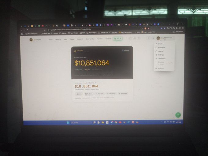 A laptop screen displays the VTC Crypto website showing a BTC Ounce chart value of $10,851,064, with the user's account menu open in the top right corner.