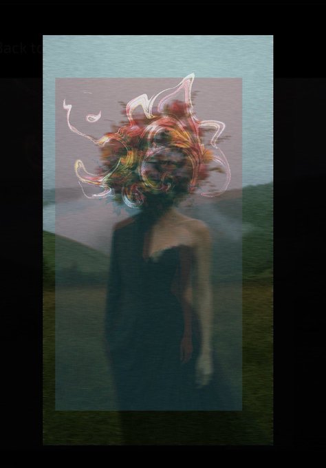 A surreal, dreamlike painting features a figure whose head is replaced by an explosion of colorful flowers and abstract swirling light effects against a muted landscape background, with partial text 'Back to' visible in the upper left corner.