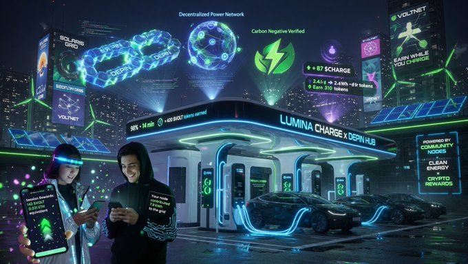 The image shows a futuristic cityscape with a charging station for electric vehicles (EVs). There are two people standing next to an EV charging station, one of them holding a cell phone. The charging station has a sign that says "Lumina Charge". In the background, there is a building and several other buildings in the scene.