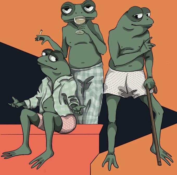 An illustration of three anthropomorphic frogs in a relaxed, human-like setting: one in a green hoodie smoking, one in plaid pants drinking from a glass, and one in polka-dot boxer shorts holding a cane.