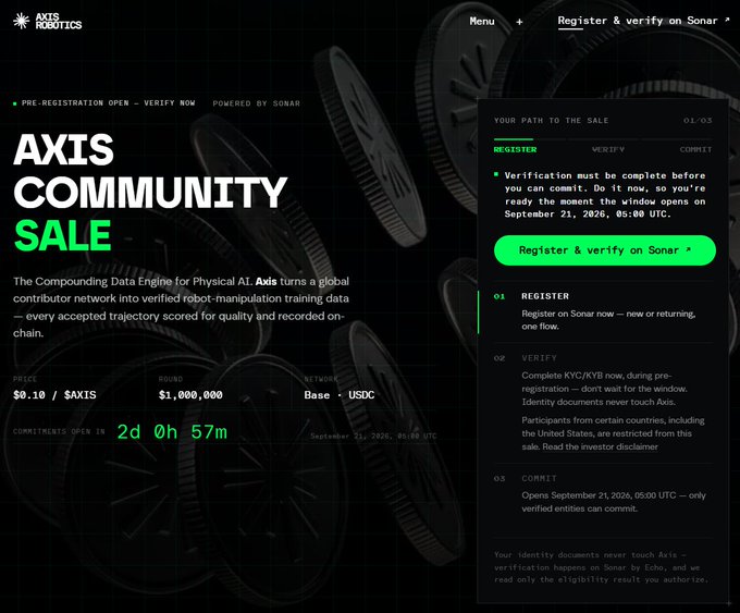 A dark-themed promotional webpage advertises the 'AXIS COMMUNITY SALE' powered by Sonar for Axis Robotics, featuring token details ($AXIS, $0.10 price, $1,000,000 raise) and a 'Register & verify on Sonar' button.