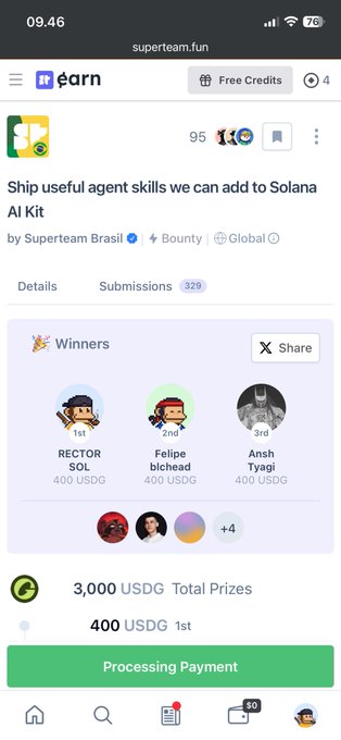 A Superteam Earn bounty page showing "Ship useful agent skills we can add to Solana AI Kit" by Superteam Brasil, with RECTOR_SOL placing 1st among 329 submissions and winning 400 USDG out of a 3,000 USDG prize pool. The image visually confirms the author's celebration of their 1st place win in the bounty.