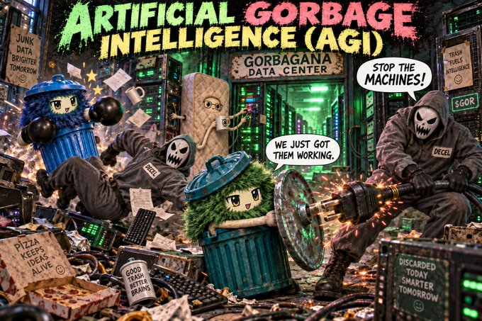 A humorous, chaotic digital illustration titled 'ARTIFICIAL GORBAGE INTELLIGENCE (AGI)' at the 'GORBAGANA DATA CENTER' features masked figures and anthropomorphic trash bins fighting, with speech bubbles reading 'STOP THE MACHINES!' and 'WE JUST GOT THEM WORKING.'