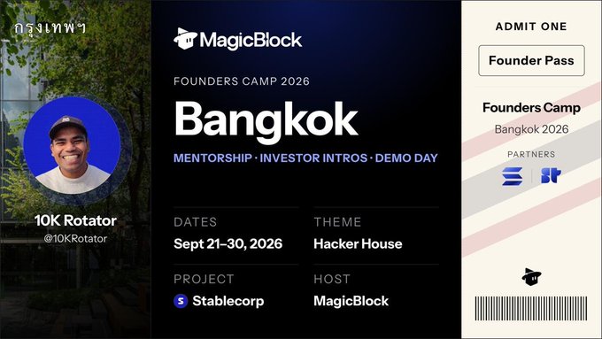 The image is a promotional ticket for MagicBlock's Founders Camp 2026 in Bangkok (Sept 21-30), featuring "10K Rotator" as a participant and highlighting StableCorp as the project for the "Hacker House" theme with mentorship, investor intros, and demo day. The accompanying post showcases StableCorp as a Solana-based private treasury example built on MagicBlock, emphasizing features like hidden balances, zero transfer fees, and AI-driven invoice automation.