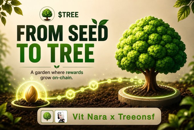 A promotional graphic for "$TREE" reads "FROM SEED TO TREE - A garden where rewards grow on-chain," featuring an illustrated seed transforming into a large tree with glowing connection lines, and a banner at the bottom stating "Vit Nara x Treeonsf".