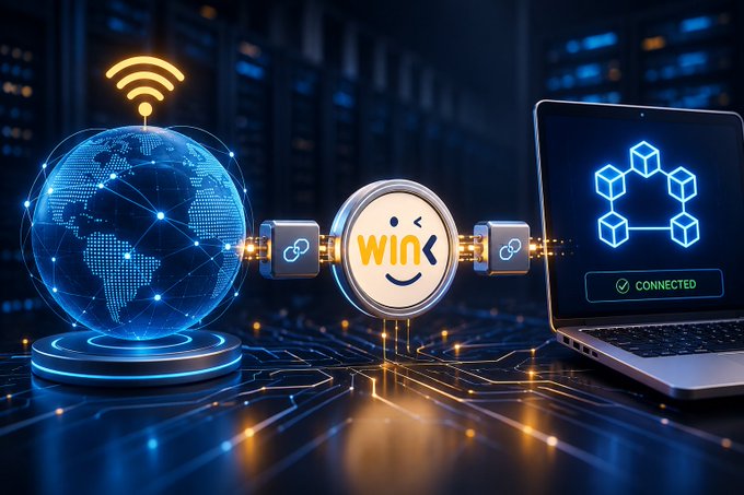 A glowing blue globe with a Wi-Fi symbol connects via a "WINK" link to a laptop displaying a blockchain cube and "CONNECTED" status, symbolizing WINkLink's reliable Web3 infrastructure and high-availability data delivery.