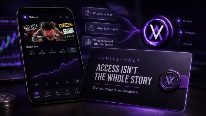 The image shows a promotional graphic for VelvetX, featuring a smartphone displaying the app with a chart showing "GME" rising +0.73% to $423.47% (+425.72%, +23.96%), alongside an invite-only card reading "ACCESS ISN'T THE WHOLE STORY. The real value is real feedback." The visual supports the post's message about VelvetX invite codes being more than just simple entry points, emphasizing that meaningful access comes with genuine user feedback rather than mere early access alone.