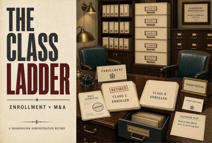 An illustration for 'The Class Ladder: Enrollment + M&A, A Shareholder Administration Record' showing a vintage office with filing cabinets labeled 'Class B,' 'Class C,' and documents including 'Retired Class C Enrolled,' 'Enrollment,' 'M&A Approval,' 'Class B Enrolled,' 'Fresh Vesting,' 'Front-End Load,' and 'Transfer Slip.'
