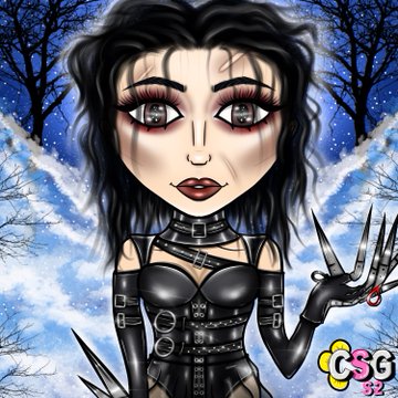 A cartoonish, gothic-style illustration of a pale woman with dark hair, exaggerated eyes, and torn black clothing, holding a bloody, clawed glove against a snowy forest background, with a 'CSG 92' watermark in the corner.