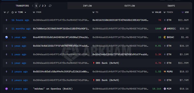 A blockchain transaction tracker shows multiple transfers from address 0xD04daa65144b97f147fbc9a9B48E741dfB0A, including a recent 7K ETH transfer ($11.86M) 16 hours ago and a 4.7K ETH ($11.99M) transfer to DBS Bank, alongside older transactions in tokens like AMERIC, $RDAC, MUMU, and MIM. The data corresponds to the post about a Vitalik-linked wallet moving 7,000 ETH to a new wallet, confirming the recent large transfer that is stirring market concern.