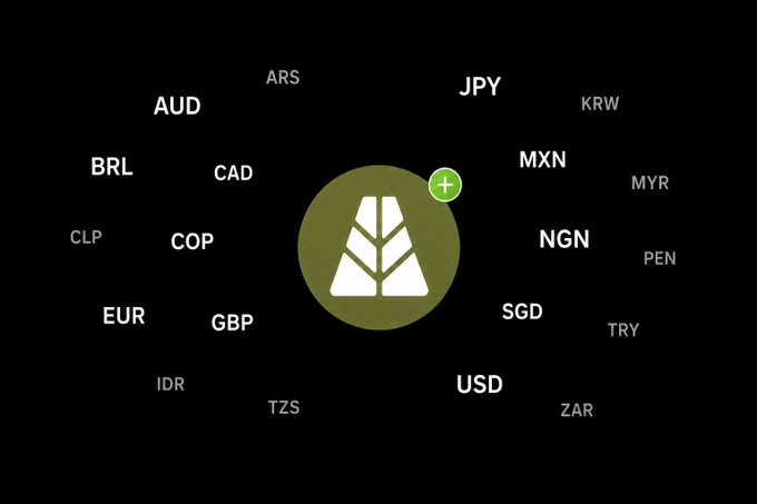 A black graphic with a central olive-green circle containing a white tree-like logo and a green '+' button, surrounded by currency codes including AUD, BRL, CAD, CLP, COP, EUR, GBP, IDR, ARS, JPY, KRW, MXN, MYR, NGN, PEN, SGD, TRY, TZS, USD, and ZAR.