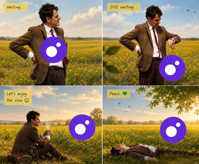 A four-panel meme showing Mr. Bean in a field with text messages 'Waiting...', 'Still waiting...', 'Let's enjoy the view ☺', and 'Peace. 💚' as he eventually lies down in the grass.