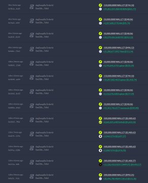 A dark-themed cryptocurrency wallet interface displaying a transaction history, with each row showing a 'Mints' action, timestamps from March 2026, amounts in MON tokens, and abbreviated wallet addresses.