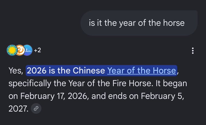 A dark-themed chat interface showing a user question 'is it the year of the horse' and an AI response confirming '2026 is the Chinese Year of the Horse', specifically the Year of the Fire Horse, running from February 17, 2026 to February 5, 2027.