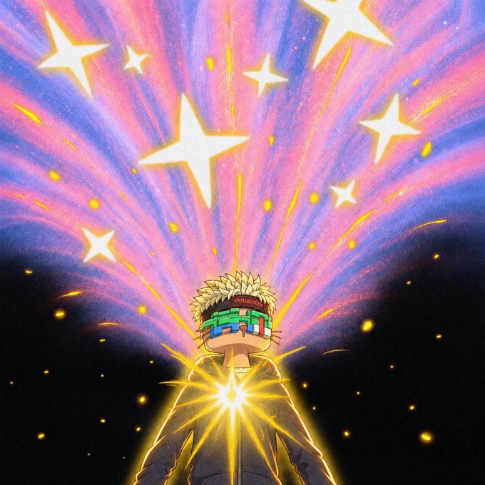 Vibrant anime-style illustration of a character wearing a headband and shutter shades, with a bright pink and purple light radiating from their chest, surrounded by glowing stars.