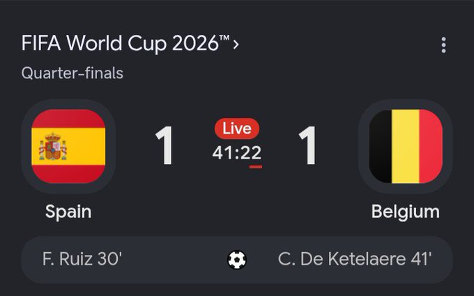 A live score display for a FIFA World Cup 2026 quarter-final between Spain and Belgium, showing a 1-1 score at 41:22 with goals from F. Ruiz (30') and C. De Ketelaere (41').
